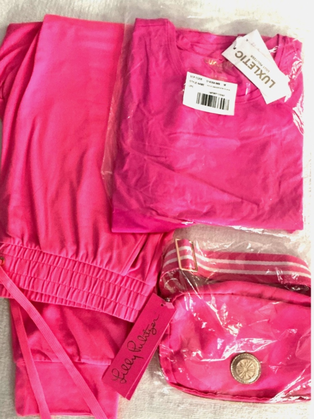 Lilly Pulitzer Luxellite SPF 50+ Roxie Pink Pants Blouse Medium Belt Bag NWT